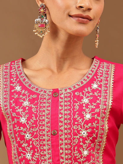 Janasya Women's Pink Chanderi Silk Zari Yoke Embroidered Straight Kurta
