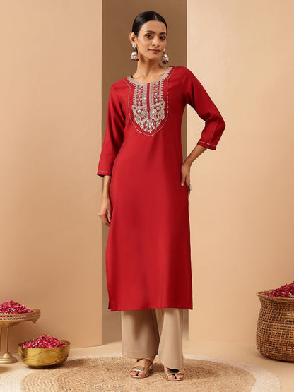 Janasya Women's Maroon Chanderi Silk Yoke Embroidered Straight Kurta.