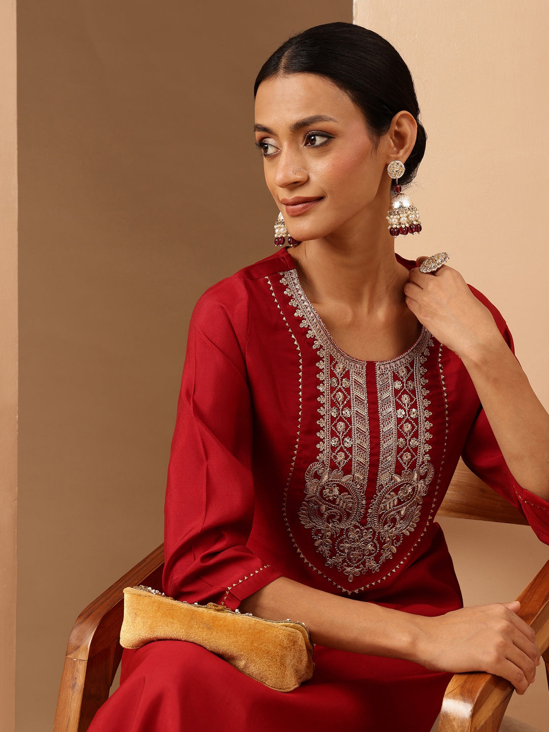 Janasya Women's Maroon Chanderi Silk Yoke Embroidered Straight Kurta.