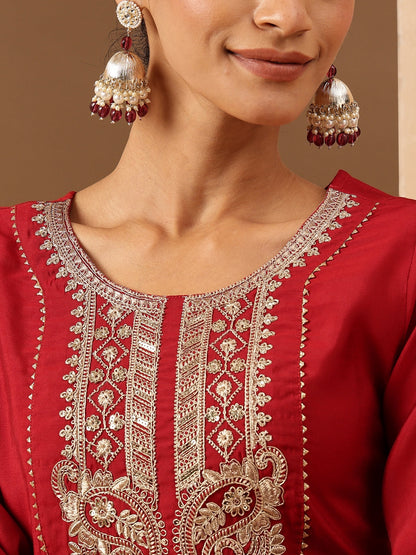 Janasya Women's Maroon Chanderi Silk Yoke Embroidered Straight Kurta.