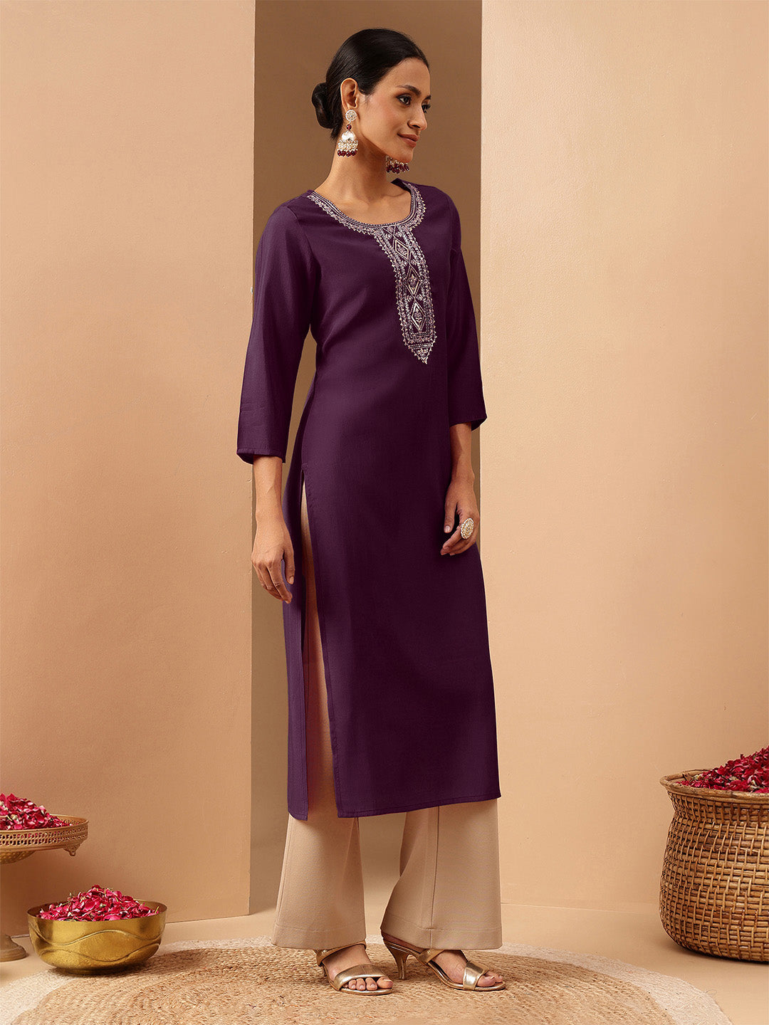 Janasya Women's Wine Chanderi Silk Zari Yoke Embroidered Straight Kurta