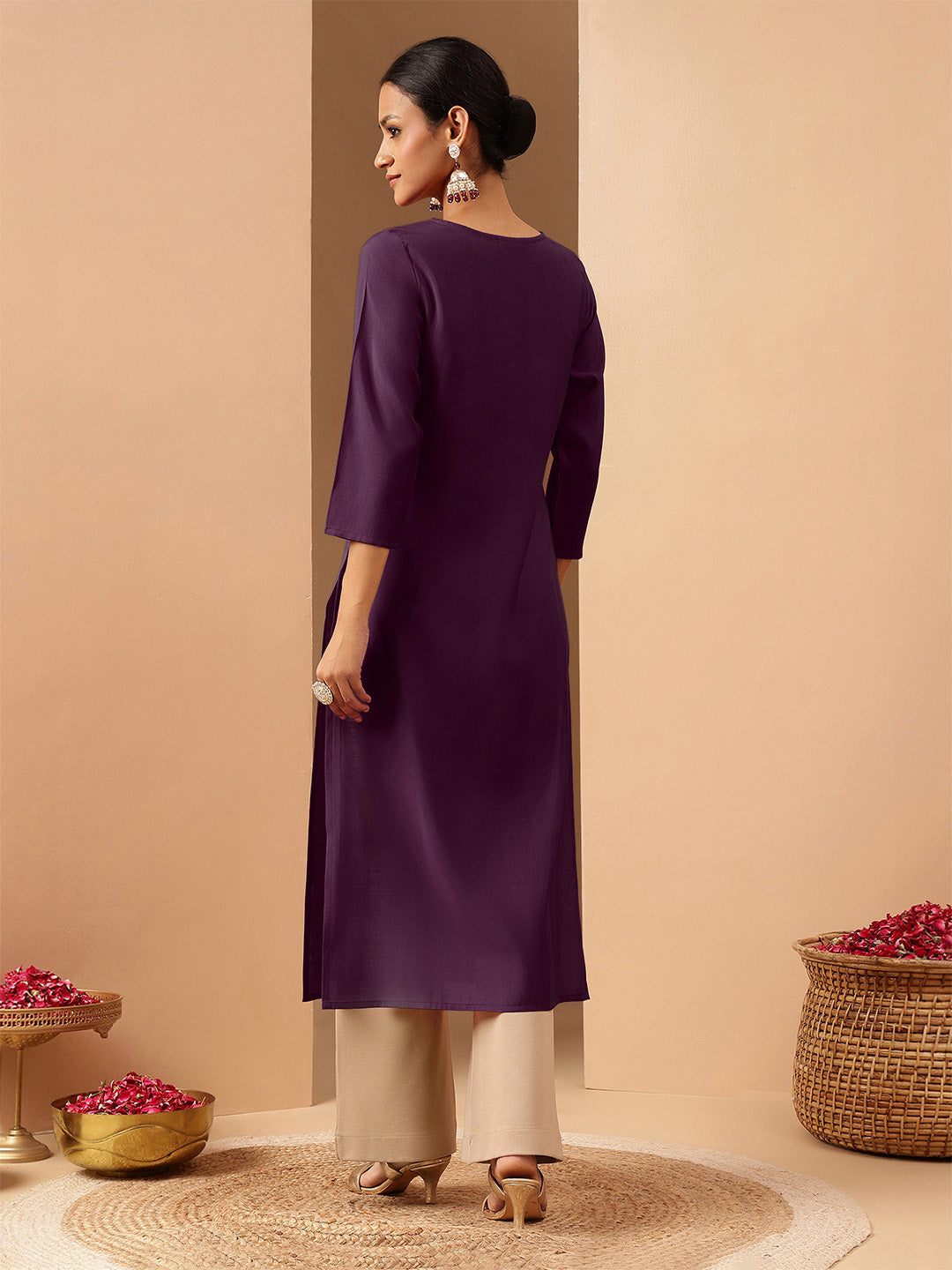 Janasya Women's Wine Chanderi Silk Zari Yoke Embroidered Straight Kurta