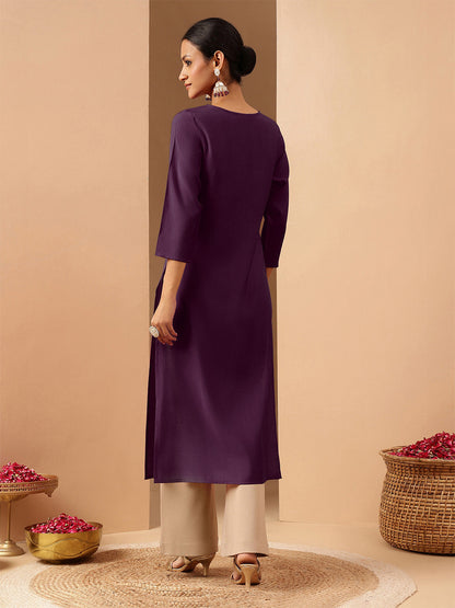 Janasya Women's Wine Chanderi Silk Zari Yoke Embroidered Straight Kurta