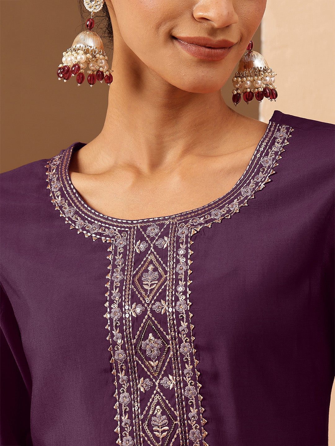 Janasya Women's Wine Chanderi Silk Zari Yoke Embroidered Straight Kurta