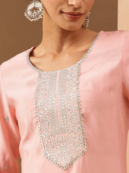 Janasya Women's Soft Pink Chanderi Silk Zari Embroidered Straight Kurta