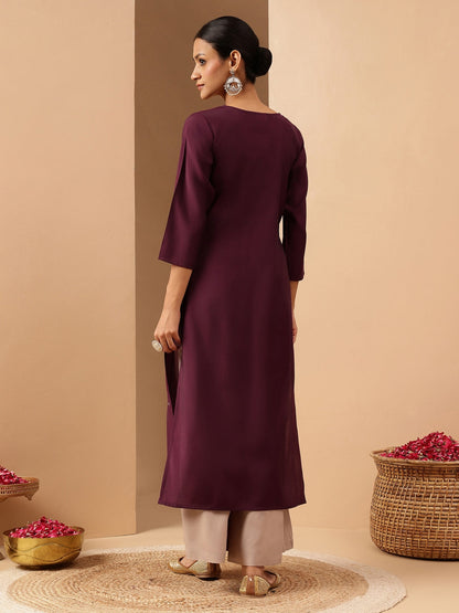 Janasya Women's Wine Chanderi Silk Embroidered Straight Kurta