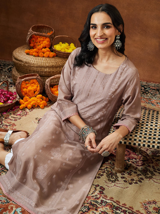 Janasya Women's Brown Silk Blend Ethnic Printed Straight Kurta Set