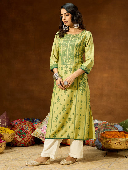 Janasya Women's Lime Green Silk Blend Ethnic Printed Straight Kurta