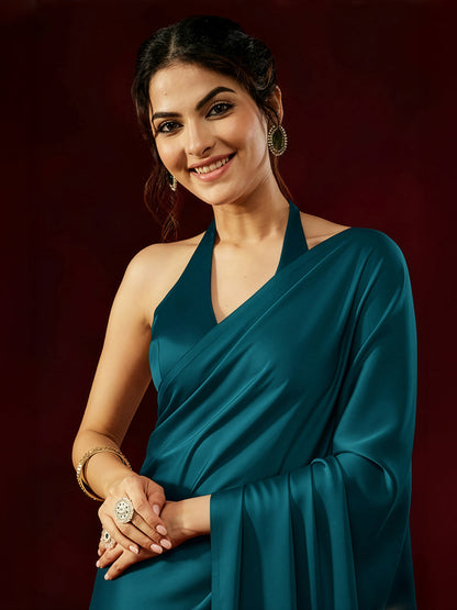 Janasya Women's Turquoise Satin One-Minute Ready-to-Wear Solid Saree with Unstitched Blouse
