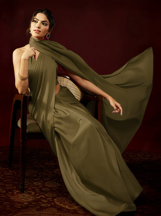 Janasya Women's Olive Satin One-Minute Ready-to-Wear Saree with Unstitched Blouse