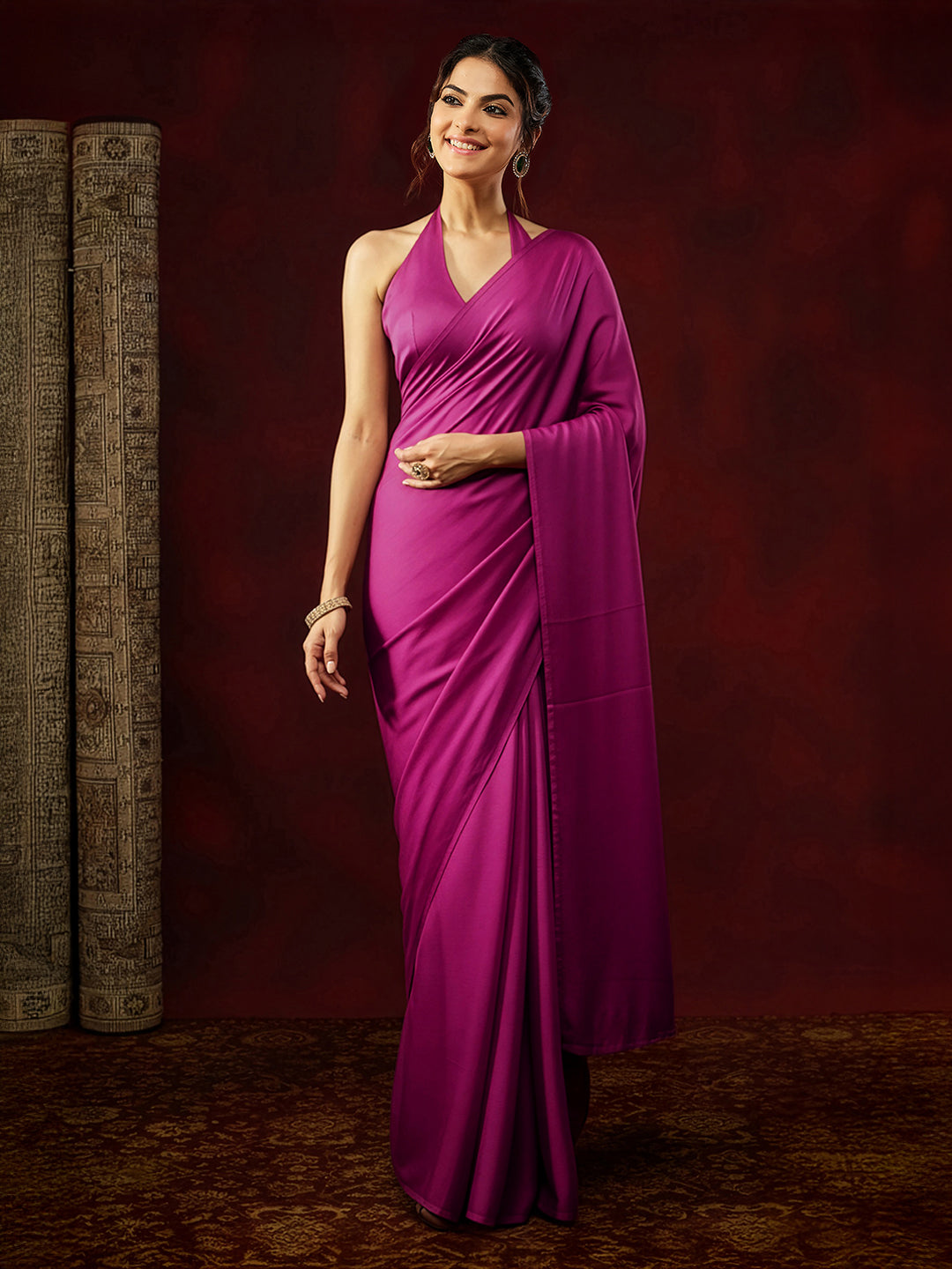Janasya Women's Turquoise Satin One-Minute Ready-to-Wear Solid Saree with Unstitched Blouse