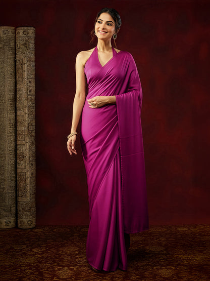 Janasya Women's Turquoise Satin One-Minute Ready-to-Wear Solid Saree with Unstitched Blouse