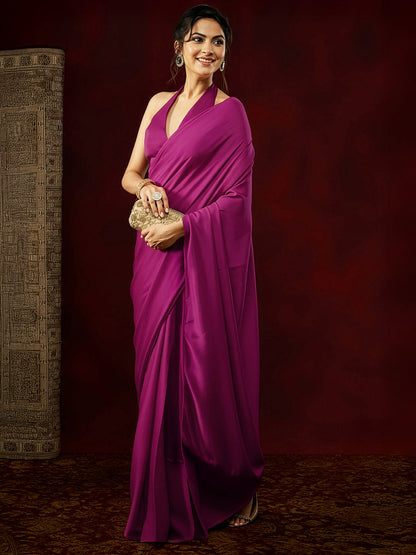 Janasya Women's Turquoise Satin One-Minute Ready-to-Wear Solid Saree with Unstitched Blouse
