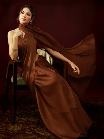 Janasya Women's Rust Satin One-Minute Ready-to-Wear Saree with Unstitched Blouse