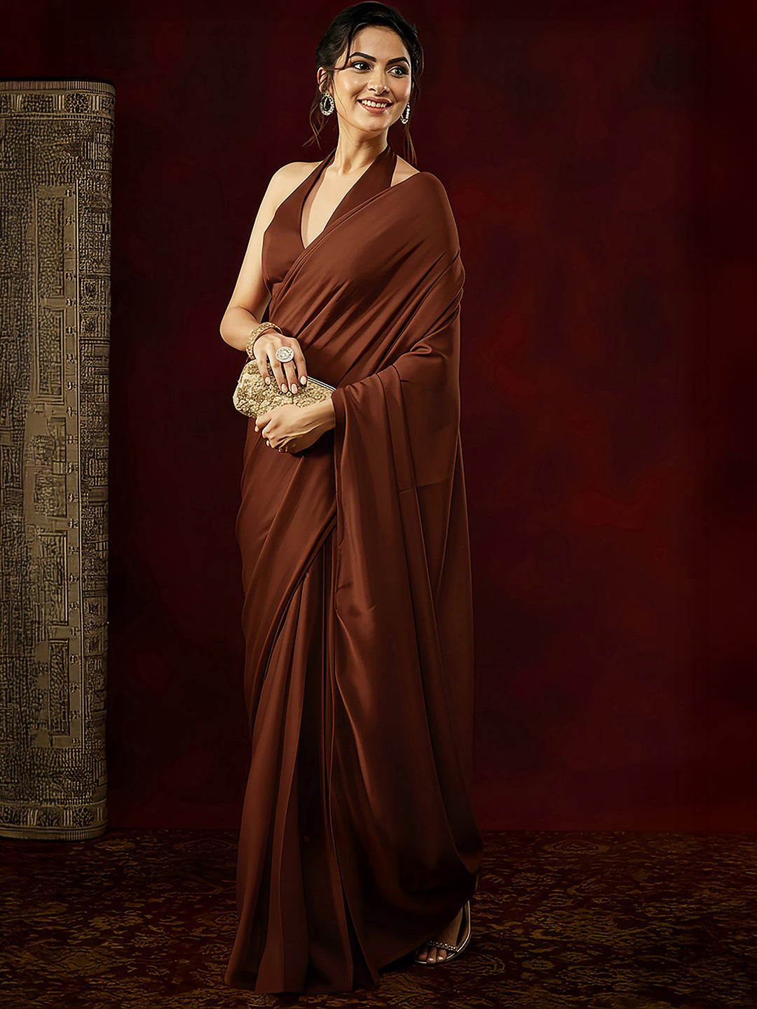 Janasya Women's Rust Satin One-Minute Ready-to-Wear Saree with Unstitched Blouse