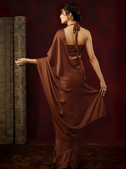 Janasya Women's Rust Satin One-Minute Ready-to-Wear Saree with Unstitched Blouse