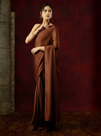 Janasya Women's Rust Satin One-Minute Ready-to-Wear Saree with Unstitched Blouse