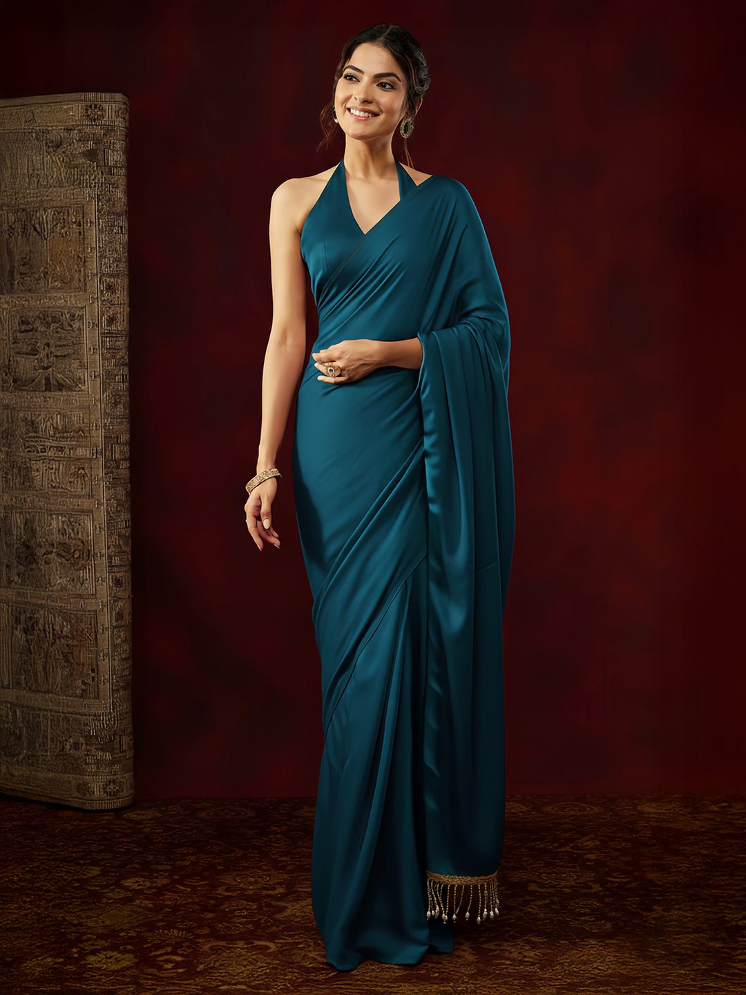 Janasya Women's Turquoise Satin One-Minute Ready-to-Wear Embellished Saree with Unstitched Blouse