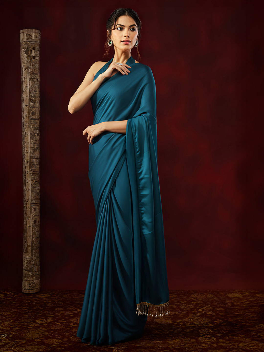Janasya Women's Turquoise Satin One-Minute Ready-to-Wear Embellished Saree with Unstitched Blouse