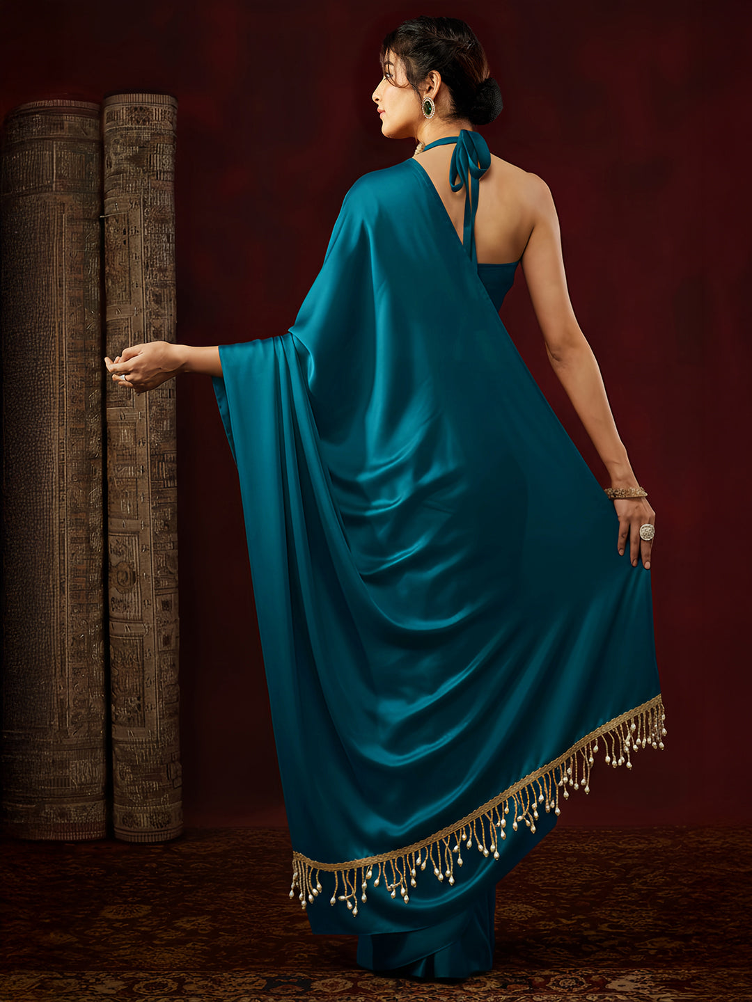 Janasya Women's Turquoise Satin One-Minute Ready-to-Wear Embellished Saree with Unstitched Blouse