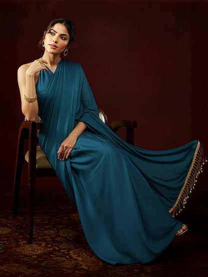 Janasya Women's Turquoise Satin One-Minute Ready-to-Wear Embellished Saree with Unstitched Blouse