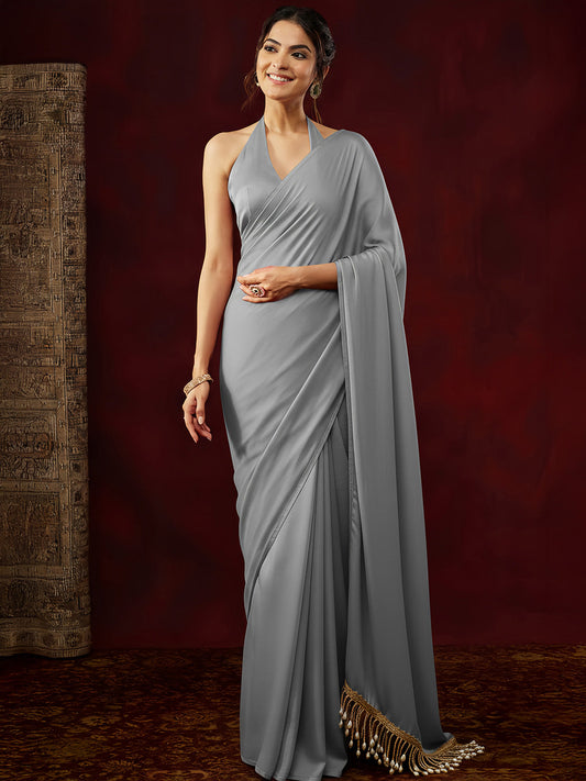 Janasya Women's Grey Satin One-Minute Ready-to-Wear Embellished Saree with Unstitched Blouse
