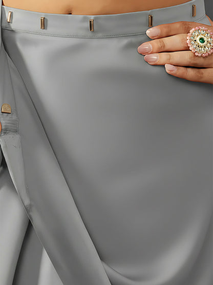 Janasya Women's Grey Satin One-Minute Ready-to-Wear Embellished Saree with Unstitched Blouse