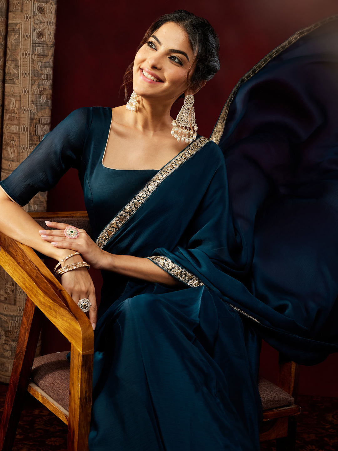 Janasya Women's Teal Blue Silk Blend One-Minute Ready-to-Wear Embellished Saree with Unstitched Blouse