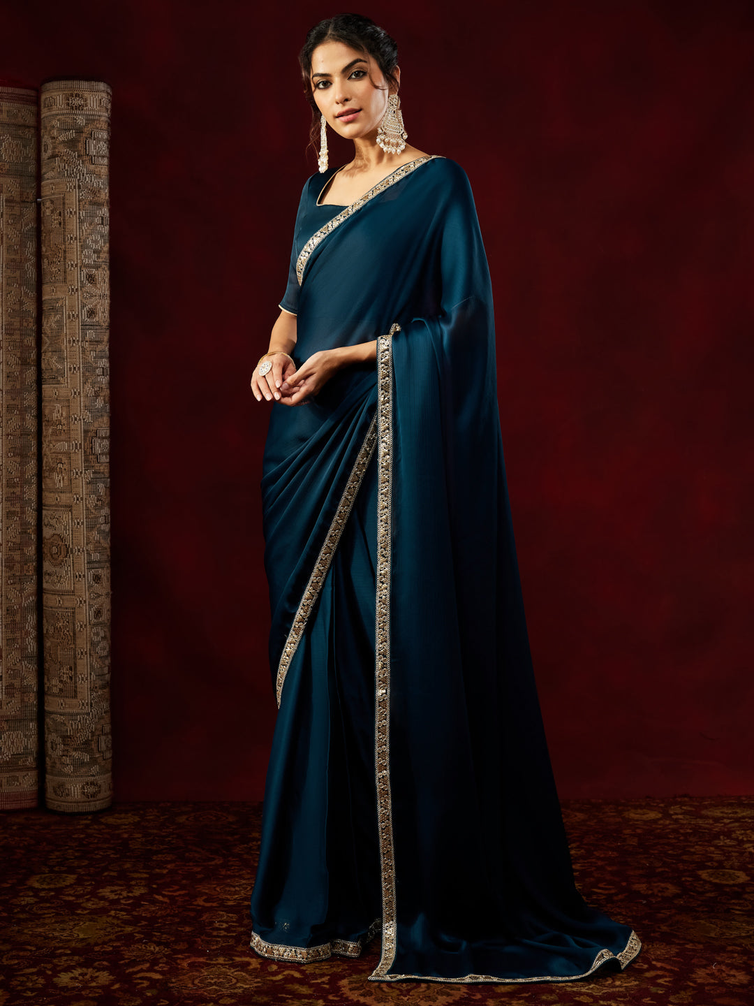 Janasya Women's Teal Blue Silk Blend One-Minute Ready-to-Wear Embellished Saree with Unstitched Blouse