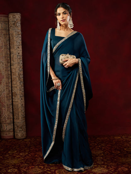 Janasya Women's Teal Blue Silk Blend One-Minute Ready-to-Wear Embellished Saree with Unstitched Blouse