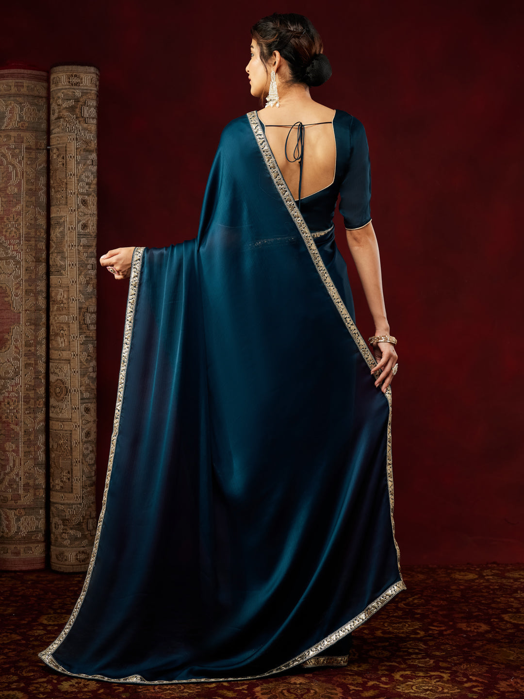 Janasya Women's Teal Blue Silk Blend One-Minute Ready-to-Wear Embellished Saree with Unstitched Blouse