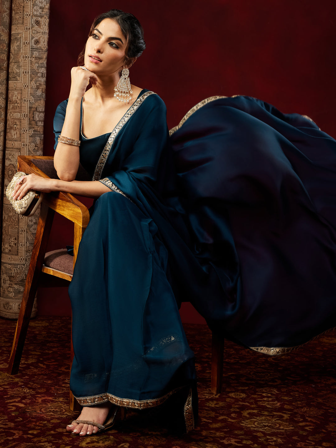 Janasya Women's Teal Blue Silk Blend One-Minute Ready-to-Wear Embellished Saree with Unstitched Blouse