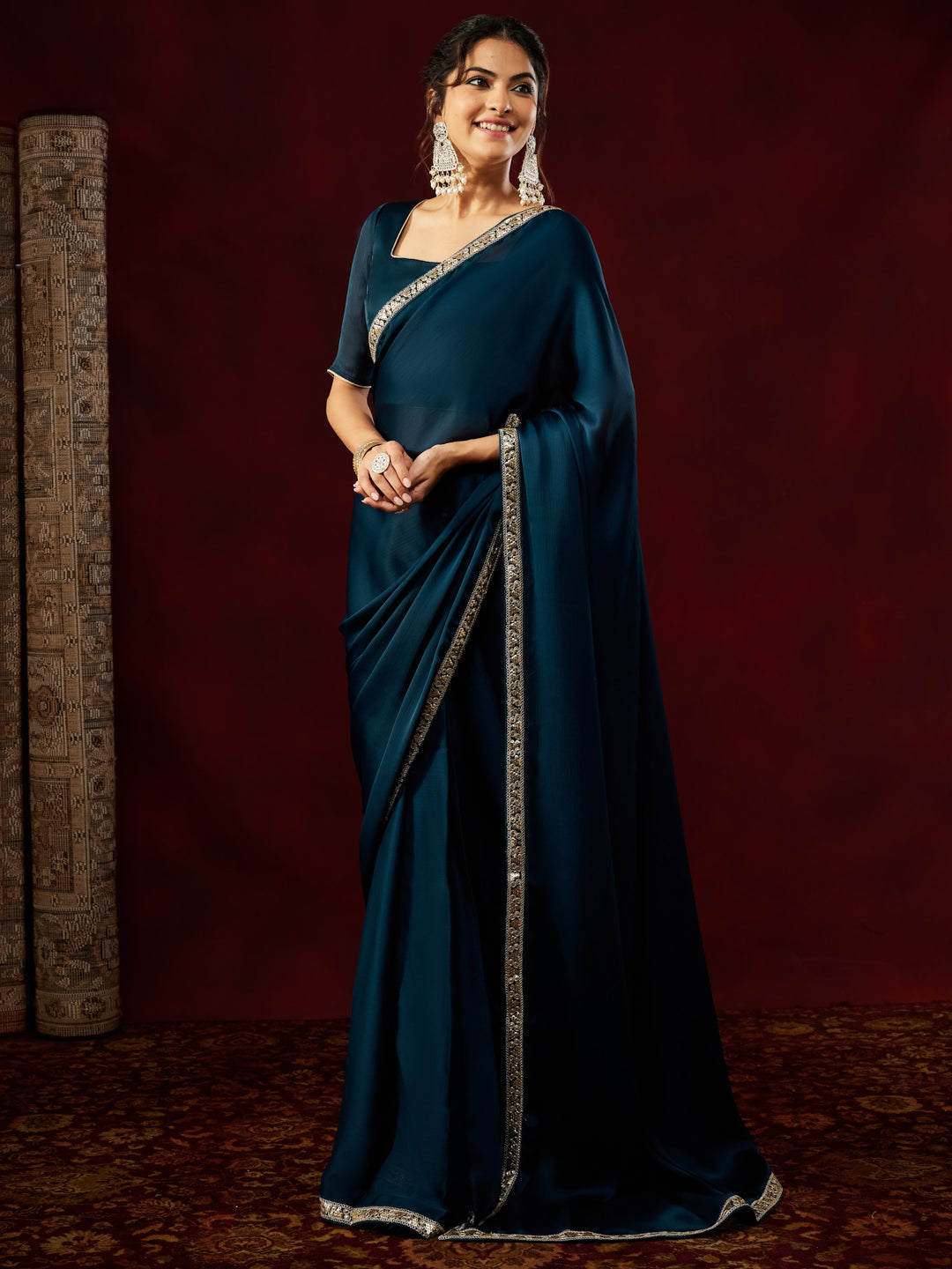 Janasya Women's Teal Blue Silk Blend One-Minute Ready-to-Wear Embellished Saree with Unstitched Blouse