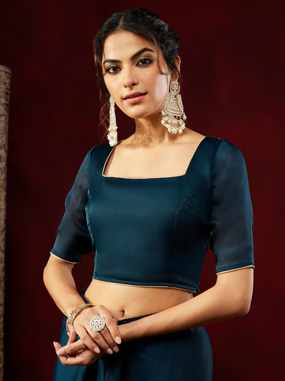 Janasya Women's Teal Blue Silk Blend One-Minute Ready-to-Wear Embellished Saree with Unstitched Blouse