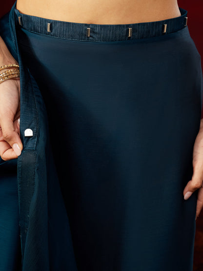 Janasya Women's Teal Blue Silk Blend One-Minute Ready-to-Wear Embellished Saree with Unstitched Blouse