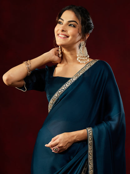 Janasya Women's Teal Blue Silk Blend One-Minute Ready-to-Wear Embellished Saree with Unstitched Blouse