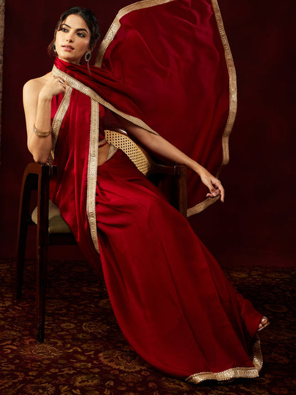 Janasya Women's Red Silk Blend One-Minute Ready-to-Wear Embellished Saree with Unstitched Blouse