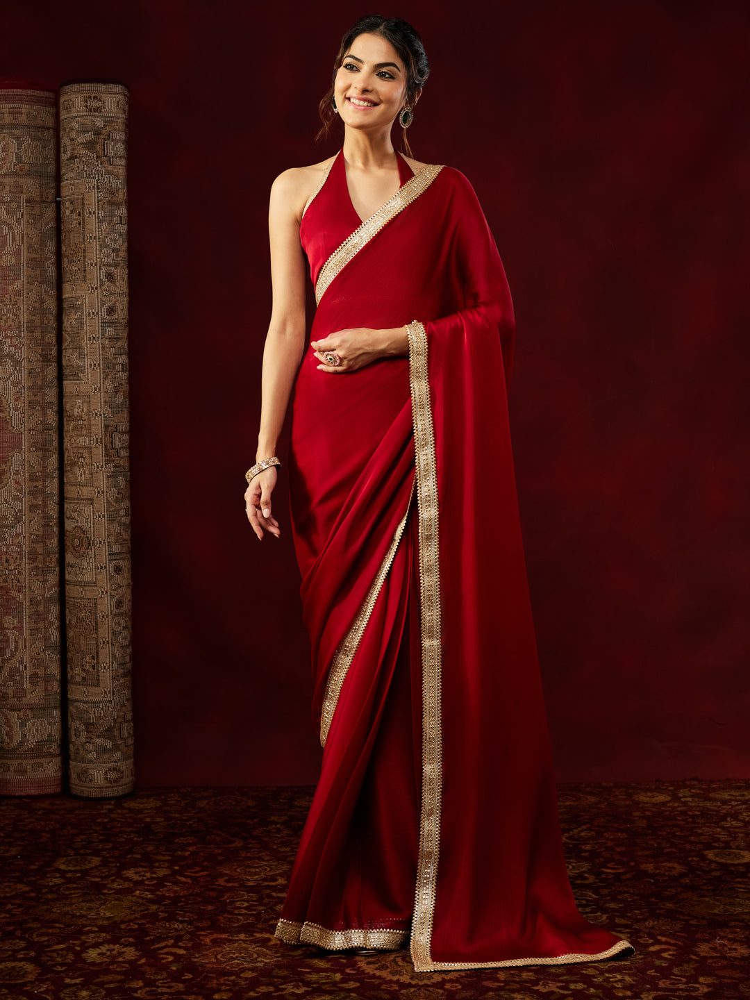 Janasya Women's Red Silk Blend One-Minute Ready-to-Wear Embellished Saree with Unstitched Blouse
