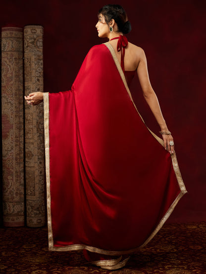 Janasya Women's Red Silk Blend One-Minute Ready-to-Wear Embellished Saree with Unstitched Blouse