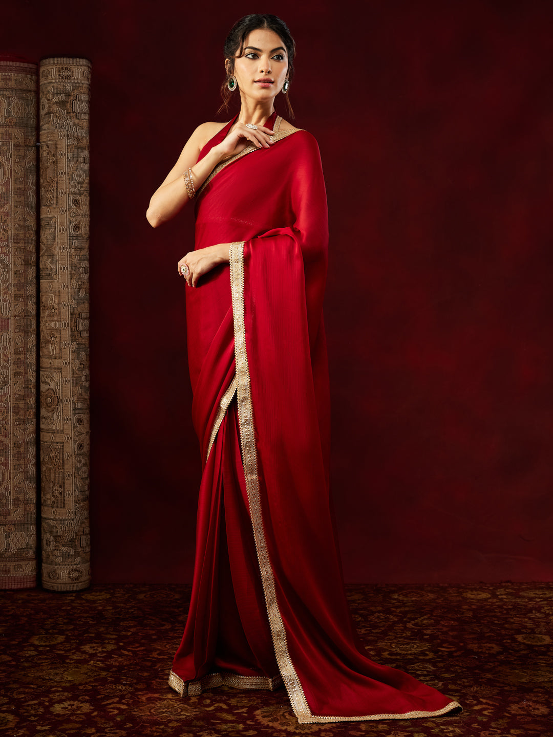 Janasya Women's Red Silk Blend One-Minute Ready-to-Wear Embellished Saree with Unstitched Blouse