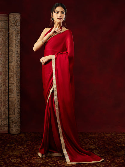 Janasya Women's Red Silk Blend One-Minute Ready-to-Wear Embellished Saree with Unstitched Blouse