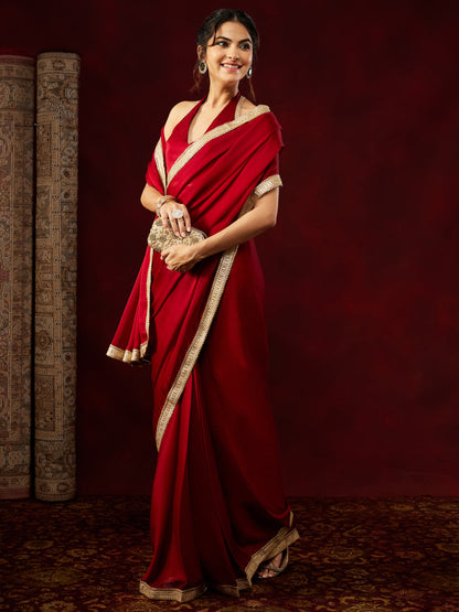 Janasya Women's Red Silk Blend One-Minute Ready-to-Wear Embellished Saree with Unstitched Blouse