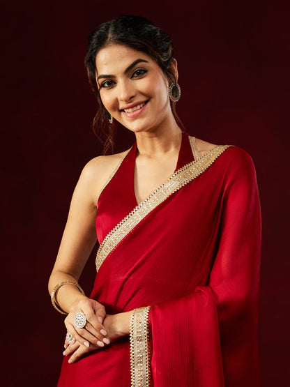 Janasya Women's Red Silk Blend One-Minute Ready-to-Wear Embellished Saree with Unstitched Blouse