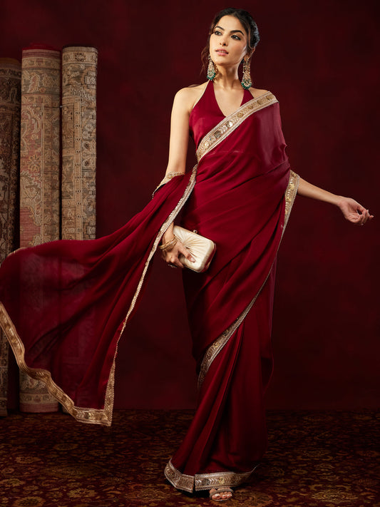 Janasya Women's Maroon Silk Blend One-Minute Ready-to-Wear Embellished Saree with Unstitched Blouse