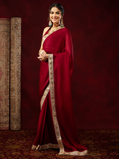Janasya Women's Maroon Silk Blend One-Minute Ready-to-Wear Embellished Saree with Unstitched Blouse