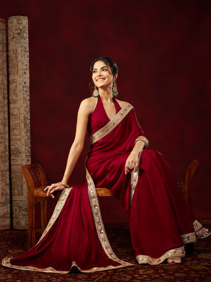 Janasya Women's Maroon Silk Blend One-Minute Ready-to-Wear Embellished Saree with Unstitched Blouse