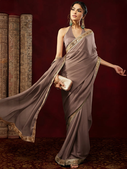 Janasya Women's Light Brown Silk Blend One-Minute Ready-to-Wear Embellished Saree with Unstitched Blouse