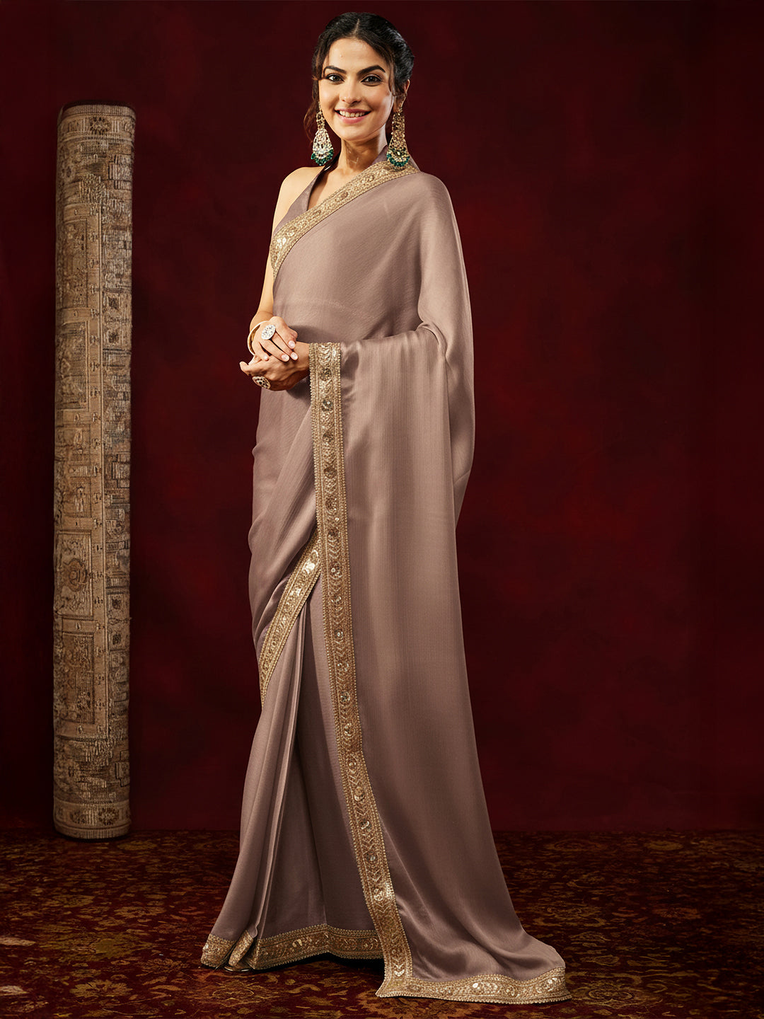 Janasya Women's Light Brown Silk Blend One-Minute Ready-to-Wear Embellished Saree with Unstitched Blouse