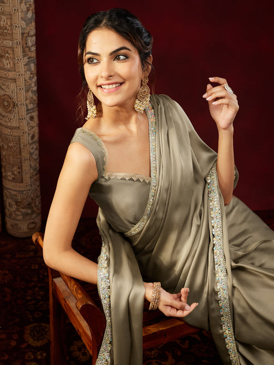 Janasya Women's Champagne Silk Blend One-Minute Ready-to-Wear Embellished Saree with Unstitched Blouse