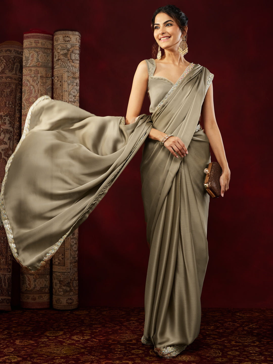 Janasya Women's Champagne Silk Blend One-Minute Ready-to-Wear Embellished Saree with Unstitched Blouse